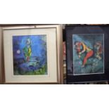 AFTER MARC CHAGALL (1887-1985) FRAMED PRINT, “El Gallo”, together with another. Largest 34 cm x 30