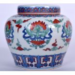 A CHINESE WUCAI PORCELAIN VASE AND COVER, painted with clouds and foliage. 15 cm x 15 cm.