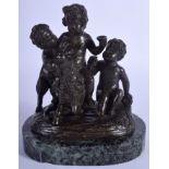 A 19TH CENTURY FRENCH BRONZE GROUP OF THREE PUTTI modelled upon a marble base. 15 cm x 18 cm.
