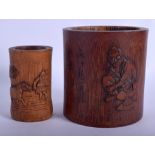 TWO EARLY 20TH CENTURY CHINESE CARVED BAMBOO BRUSH POTS Bitong. 12 cm x 10 cm. (2)