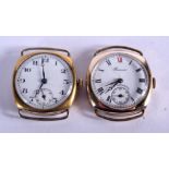 TWO VINTAGE GOLD PLATED MILITARY TRENCH WATCHES. 3 cm wide. (2)