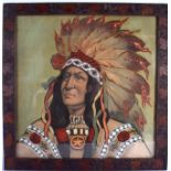 A FINE AND RARE EARLY 20TH CENTURY NORTH AMERICAN BEADWORK EMBROIDERED LITHOGRAPH depicting an Indi