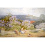 CHARLES L SANSOM (British) FRAMED WATERCOLOUR, indistinctly signed, a female and child sat on a wal