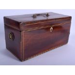 A LARGE GEORGE III MAHOGANY SATINWOOD INLAID TRIPLE DIVISION TEA CADDY. 30 cm x 15 cm.