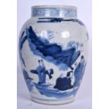 A CHINESE BLUE AND WHITE PORCELAIN JARLET, decorated with figures in a landscape, 20th century. 22