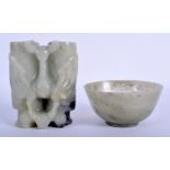 A 19TH CENTURY CHINESE CARVED JADE CHAMPION VASE Qing, together with a jade bowl. Vase 12 cm x 7 cm