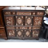 A GOOD 19TH CENTURY CHINESE HARDWOOD MOTHER OF PEARL INLAID CABINET depicting figures within landsc
