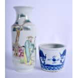 A 19TH CENTURY CHINESE BLUE AND WHITE CENSER together with a 20th Century vase. 9 cm & 24 cm high.