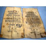 TWO LARGE VINTAGE SEED GRAIN BAGS, “S.C.A.T.S Ltd Winchester”. 135 cm x 70 cm.