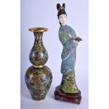 AN EARLY 20TH CENTURY CHINESE CLOISONNE ENAMEL VASE together with a Republic figure of guanyin. 21