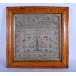 A SMALL 19TH CENTURY FRAMED ALPHABET SAMPLER by Caroline Barlow. Image 30 cm square.