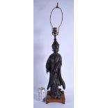A RARE LARGE 18TH/19TH CENTURY CHINESE BRONZE FIGURE OF GUANYIN Qing, converted to a lamp. Bronze 4