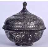 AN INDIAN BIDRI BOWL AND COVER, decorated with extensive foliage. 14 cm wide.