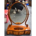 A SHERATON DRESSING TABLE MIRROR, decorated with a burr walnut cartouche type panel. 60 cm x 45 cm.