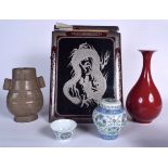 AN EARLY 20TH CENTURY JAPANESE MEIJI PERIOD PHOTOGRAPH ALBUM together with two vases etc. (5)