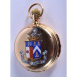 A FINE ANTIQUE 18CT GOLD AND ENAMEL FULL HUNTER REPEATING POCKET WATCH painted with a crest and mot