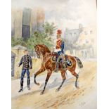 ORLANDO NORRIE (1832-1901) UNFRAMED WATERCOLOUR, household cavalry officer and a soldier. 35 cm x 2