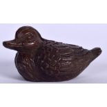 A JAPANESE BRONZE OKIMONO IN THE FORM OF A DUCK, signed. 5.5 cm wide.