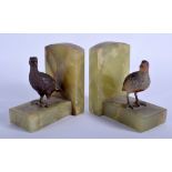 A PAIR OF ART DECO AUSTRIAN COLD PAINTED BRONZE GAME BIRD BOOK ENDS. 10 cm x 10 cm.