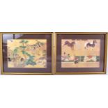 A FRAMED PAIR OF CHINESE PICTURES, figures in a landscape, together with another similar. 16 cm x 2