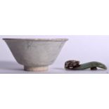 A CHINESE JADE BELT HOOK, together with a Ming dynasty bowl. Bowl 12 cm wide. (2)