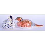 A ROYAL CROWN DERBY PHEASANT PAPER WEIGHT together with a rabbit. 15 cm & 7 cm wide. (2)