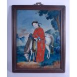 A CHINESE QING DYNASTY REVERSE PAINTED MIRROR contained within a hongmu frame. Mirror 30 cm x 38 cm