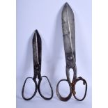 TWO PAIRS OF ANTIQUE SCISSORS of large proportions. 30 cm & 20 cm long. (2)