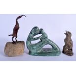 AN ABSTRACT BRONZE FIGURE OF A MOTHER AND CHILD together with two birds. Largest 16 cm x 18 cm. (3)