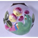 A FINE 18TH CENTURY ENAMEL ENGLISH PARROT PILL BOX modelled pecking at fruit. 5 cm x 4 cm.