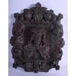 A 19TH CENTURY CONTINENTAL CARVED WOOD PANEL depicting Christ amongst foliage. 27 cm x 37 cm.