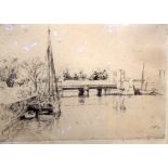 FRENCH SCHOOL (early 20th century) FRAMED ETCHING, “Le Chaland A La Rochelle”, river scene, signed