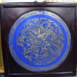 A LARGE CHINESE QING DYNASTY POWDER BLUE DRAGON PLAQUE painted with gilt dragons. Plaque 48 cm diam