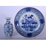 A 19TH CENTURY CHINESE BLUE AND WHITE PORCELAIN DISH, together with a Kangxi mark plate. Dish 22 cm