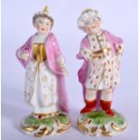 A PAIR OF 19TH CENTURY DERBY FIGURES OF TWO TURKS modelled upon rococo bases. 10 cm high.