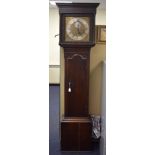 AN ANTIQUE GRANDFATHER CLOCK with brass dial and silvered chapter ring. 204 cm x 44 cm.