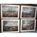 A SET OF FOUR ANTIQUE FRAMED PRINTS OF HUNTING INTEREST, “The Essex Hunt”, with three others. 46 cm