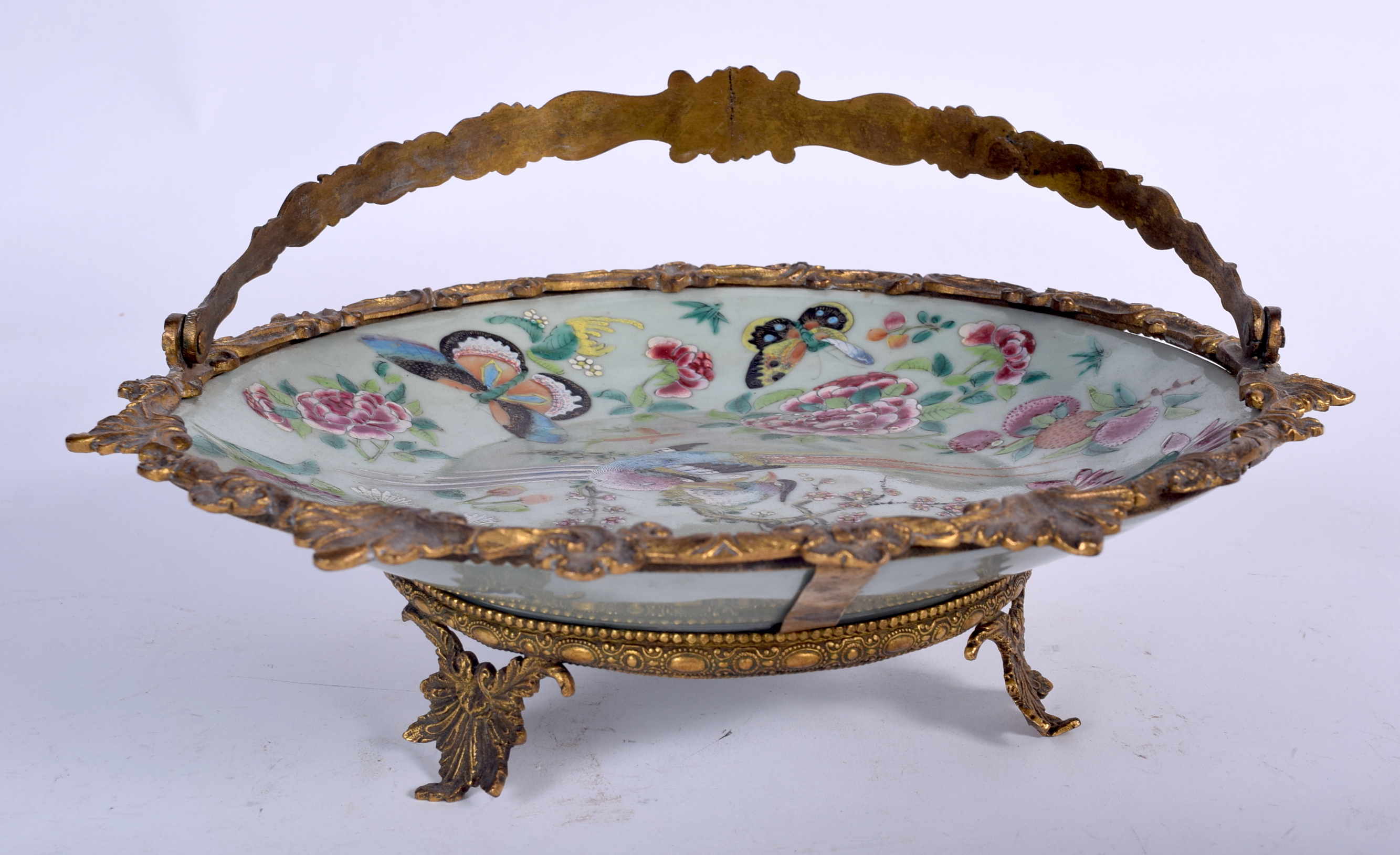 A 19TH CENTURY CHINESE CELADON FAMILLE ROSE PLATE with French bronze ormolu mounts. 28 cm x 24 cm. - Image 2 of 8