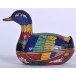 AN EARLY 20TH CENTURY CHINESE CLOISONNE ENAMEL BOX IN THE FORM OF A DUCK, formed with brightly enam