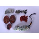 A GROUP OF JADEITE AND HARDSTONE CARVINGS, including three jasper beads. (qty)