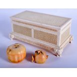 A 19TH CENTURY ANGLO INDIAN CARVED IVORY CASKET together with a pair of antique polychromed ivory f