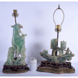 TWO LARGE 19TH CENTURY CHINESE CARVED GREEN QUARTZ LAMPS. 44 cm & 34 cm high. (2)