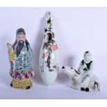 A CHINESE REPUBLIC PERIOD FAMILLE ROSE CALLIGRAPHY WALL POCKET together with two figures. Largest 2