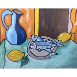 GEORGE POTTER RHA (1941-2017) FRAMED OIL, study of bottles and a lamp on a table top, signed & date