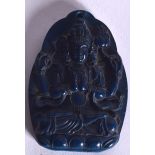 A CHINESE CARVED LAPIS LAZULI PLAQUE PENDANT, depicting a multi armed buddha. 6.5 cm x 4.5 cm.