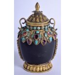 A 19TH CENTURY CHINESE TIBETAN TURQUOISE JEWELLED SNUFF BOTTLE. 10.5 cm high.