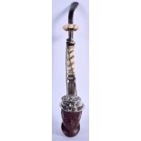 A RARE MID 19TH CENTURY CARVED AND RHINOCEROS HORN PIPE with silver mounts, carved as a blackamoor.