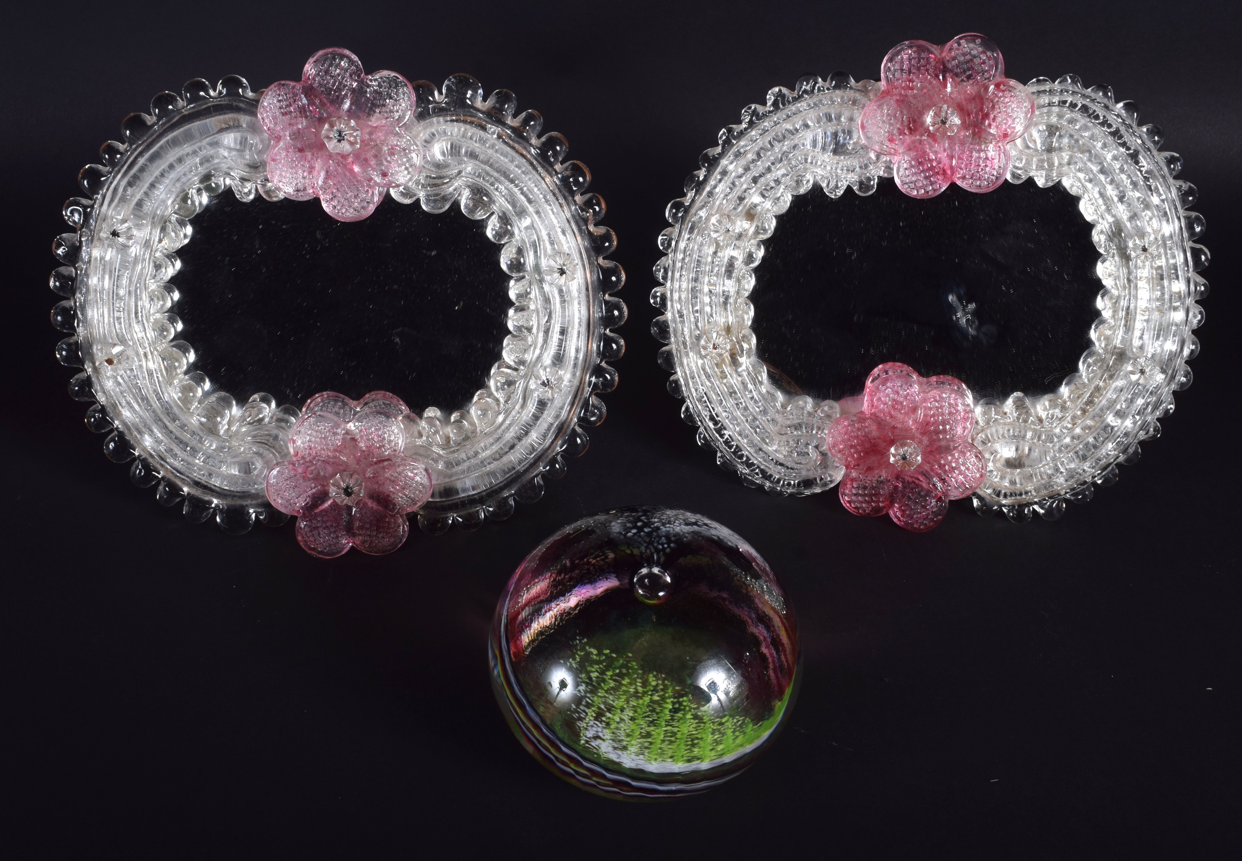 A PAIR OF VINTAGE VENETIAN GLASS STRUT MIRRORS together with a Siddy Langley paperweight. (3)