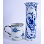 A 19TH CENTURY CHINESE BLUE AND WHITE VASE Qing, together with a Qianlong mug. 26 cm & 13 cm high.