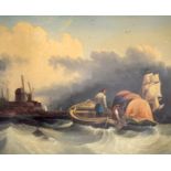 CHARLES MARTIN POWELL (1775-1824) FRAMED OIL ON CANVAS, figures on a boat, label verso. 19.5 cm x 2